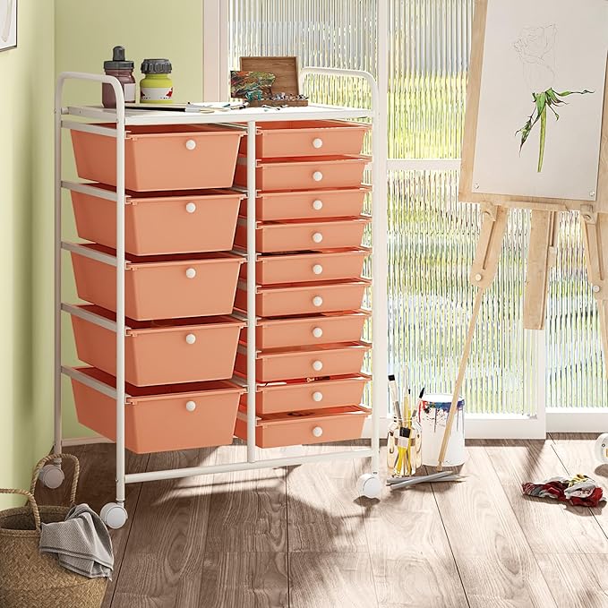 HAPPYGRILL 15-Drawer Rolling Cart, Storage Carts with Removable Drawers & Steel Frame, Utility Cart on Lockable Wheels for Home, School, Office (Peach Fuzz)