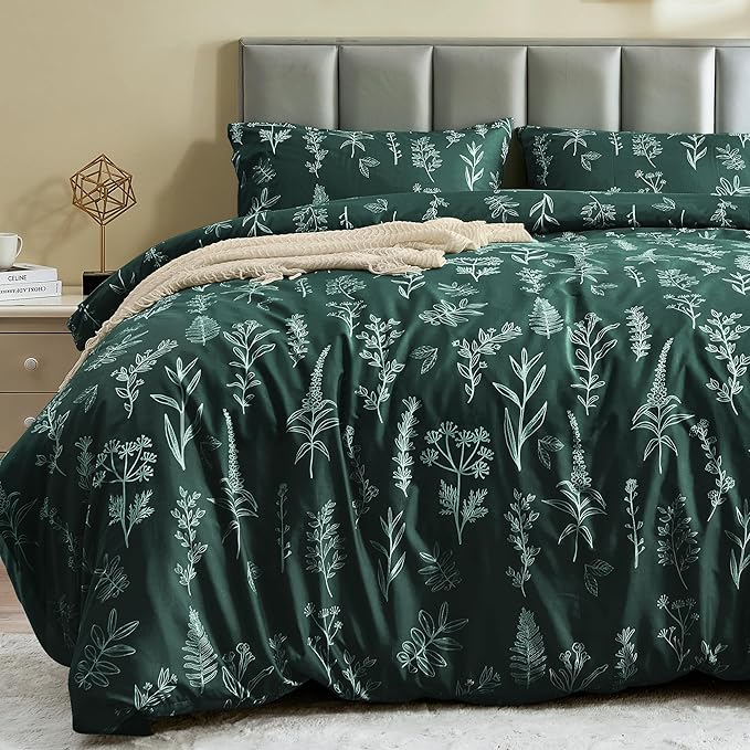 MUXHOMO Duvet Cover King Size, Reversible Floral Forest Green Duvet Cover Set by MUXHOMO