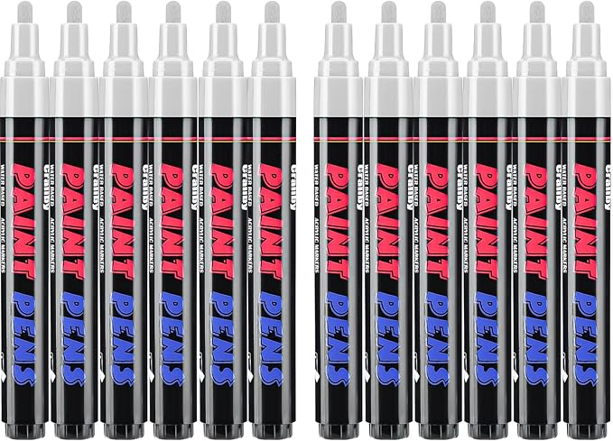 Craiiby White Paint Pens Paint Markers - 12 Pack Permanent Quick Dry Waterproof Marker Pens for Rocks Wood Fabric Plastic Canvas Glass Mugs Metal Tire Stone