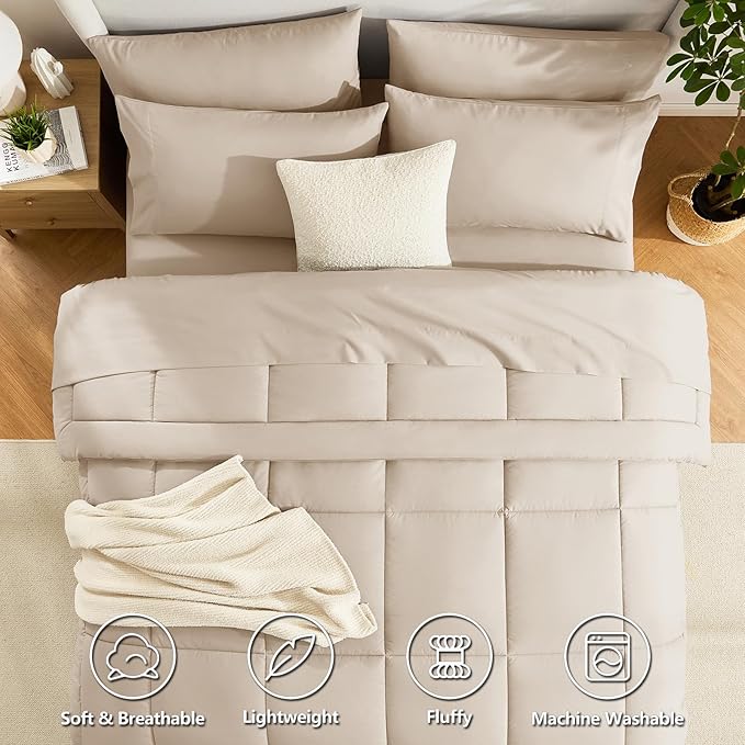 CozyLux King Size Comforter Set Wheat, 7 Pieces Bed in a Bag, Wheat Comforter - Image 2