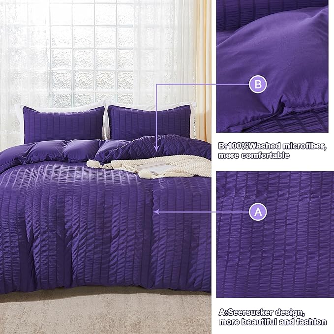 AveLom Dark Purple Duvet Cover Cal King, 3 Pieces, Seersucker Striped Soft - Image 5