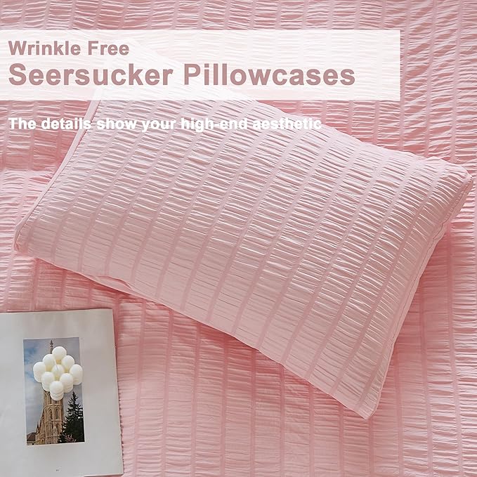 AveLom Blush Pink Seersucker Duvet Cover Set King Size, 3 Pieces, Ultra Soft - Image 6