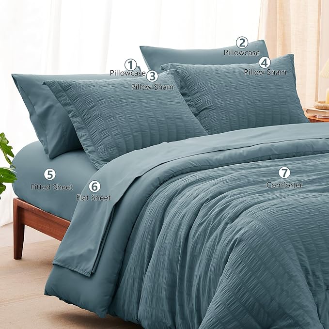 CozyLux Queen Comforter Set Mineral Blue Seersucker 7 Pieces Bed in a Bag Queen - Image 8