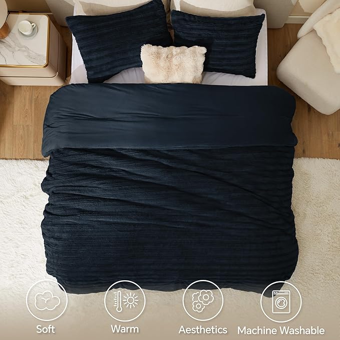 BEDELITE Fleece King Comforter Set -Super Soft & Warm Fluffy Navy Faux Fur - Image 3
