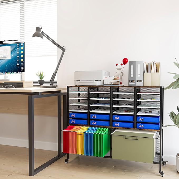 EasyPAG Rolling File Cart with 24 Slot Mail Organizer, Under Desk Storage with Hanging File Rack for Letter/Legal Folders, Mobile Filing Cabinet Printer Stand for Office Home Classroom, Black