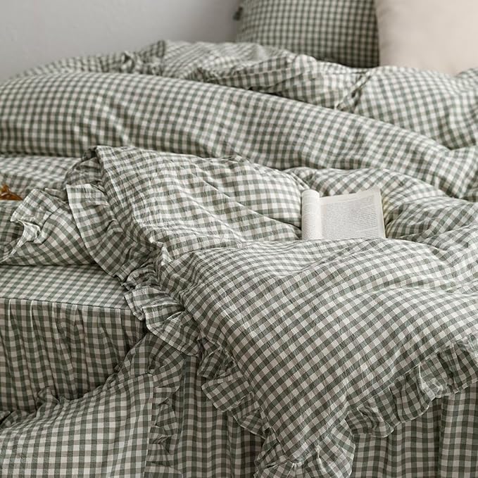 mixinni Green Gingham Ruffle Duvet Cover Full Size 3 Pieces – 100% Washed Cotton - Image 7