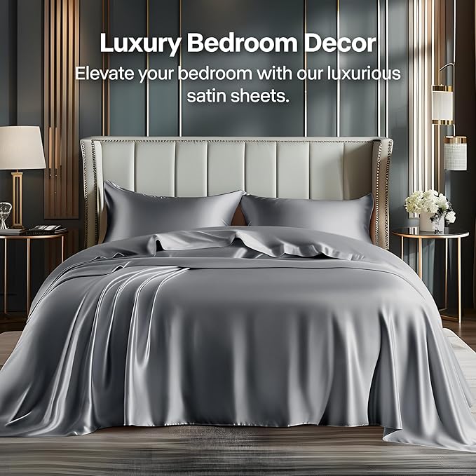 BEDELITE Satin Sheets Full Size Bed Set, Luxury Soft Dark Grey Silky Sheets - Image 2
