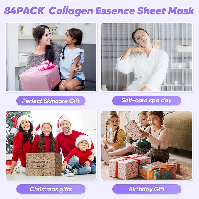 84 Pack Bulk Sheet Face Masks Skin Care, Hydrating and Moisturizing Collagen - Image 6