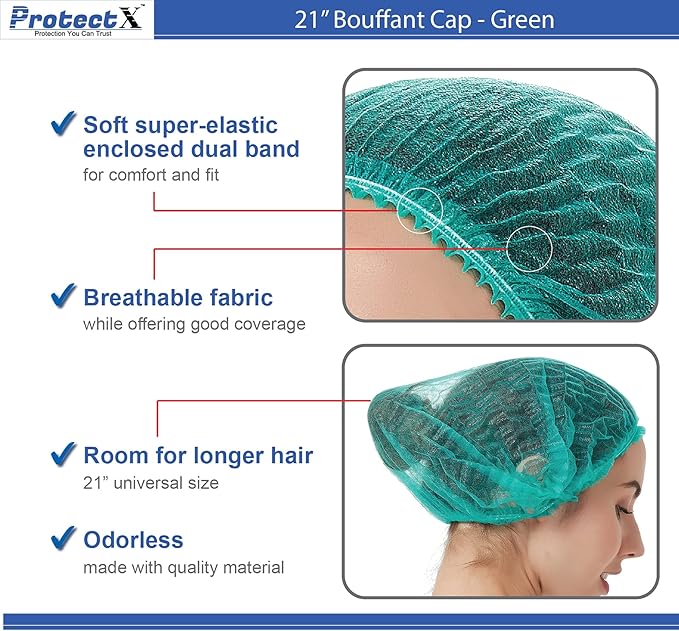 ProtectX 100-Pack Green Disposable Hair Nets, Elastic Head Cover, Bouffant Caps - Image 3