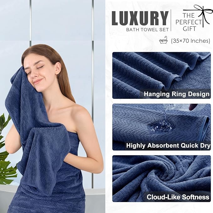 8 Piece Bath Towel Set Navy |2 Oversized Large Bath Sheet, 2 Hand Towels - Image 3