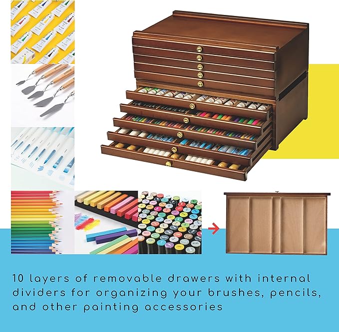 MEEDEN 10-Drawer Art Supply Storage Box, Beech Wood Art Box, Large Capacity Wooden Pencil Box with Drawer & Compartments for Organizing Pastels, Pencils, Pens, Markers, Brushes & Stamp, Walnut