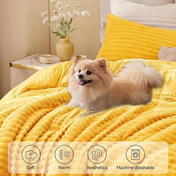 BEDELITE Fleece Queen Comforter Set -Super Soft & Warm Fluffy Bright Yellow - Image 3