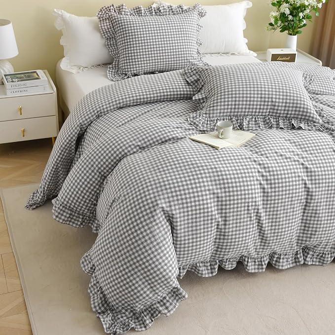 Silnuo Grey/White Checkered Ruffle 3-Piece Duvet Cover Set King Size, Washed - Image 2