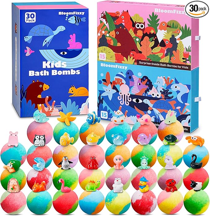 30 Kids Bath Bombs with Surprise Inside – Gift Set with 30 Unique Land & Sea by BloomFizzy