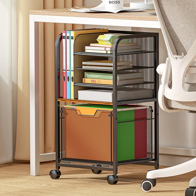 5-Tier Rolling File Cart Under Desk with Drawers, File Cabinet Organizer for Hanging File Folders, Letter-Size File Storage with Wheels, Multi-Layer Mobile Filing Cabinet for Under Desk Storage