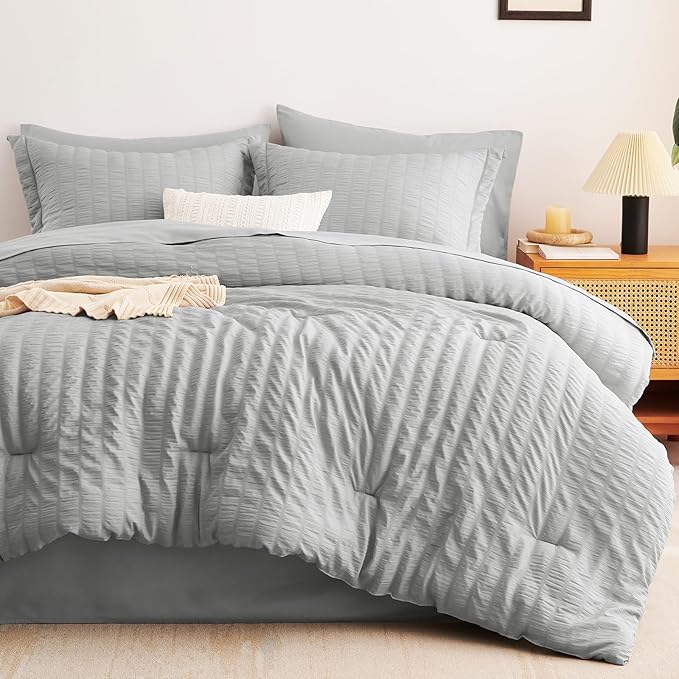 CozyLux King Size Comforter Set Light Grey Seersucker 7 Pieces Bed in a Bag - Image 9