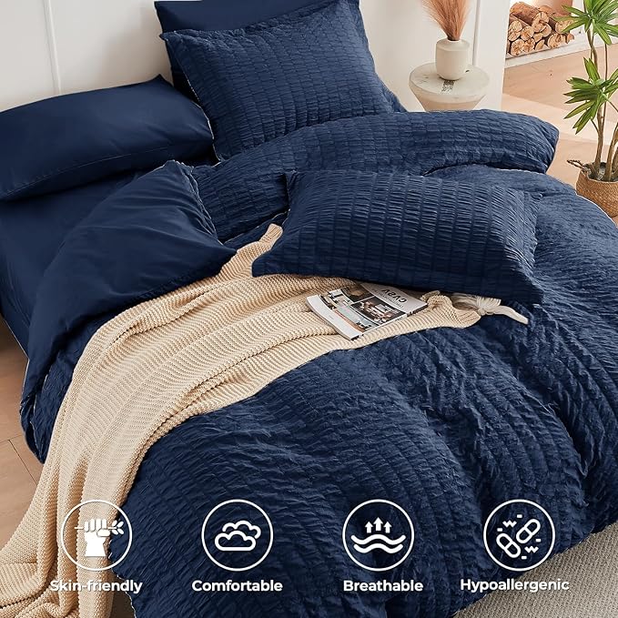 HYMOKEGE Navy Blue Duvet Cover Full Size, Ultra Soft 3-Piece Seersucker Duvet - Image 2