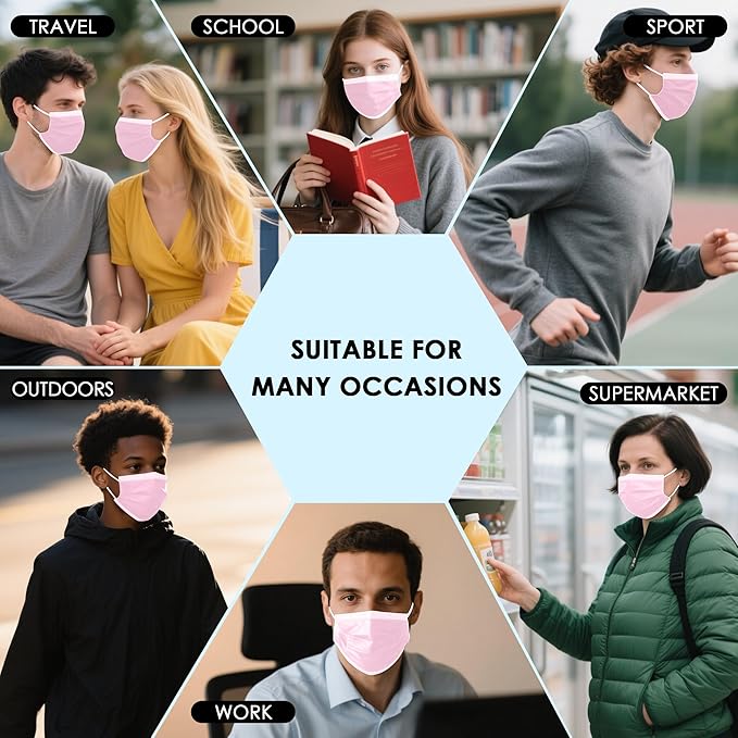 NNPCBT Pink Disposable Face Masks 125 Pack, 3-Ply Breathable Mask - Image 6