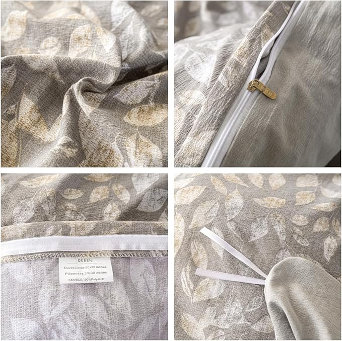 OAITE Grey Leaves Twin Size Duvet Cover-3 Pieces Prewashed Cotton-Like - Image 4