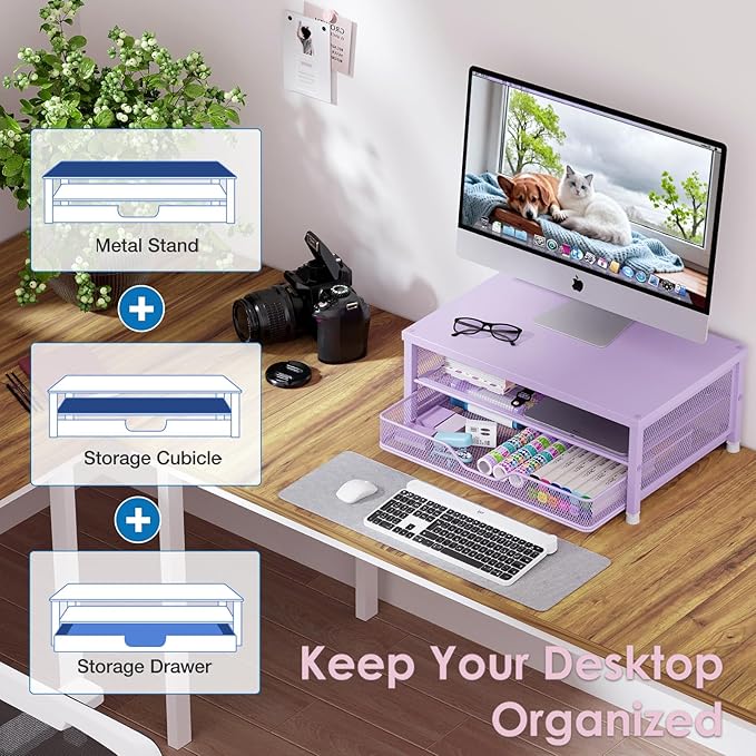 OPNICE Computer Monitor Stand Riser, Desk Organizer with Drawer, Laptop Stand, Office Desk Accessories & Workspace Desktop Organizers Storage for Office Supplies(Purple)