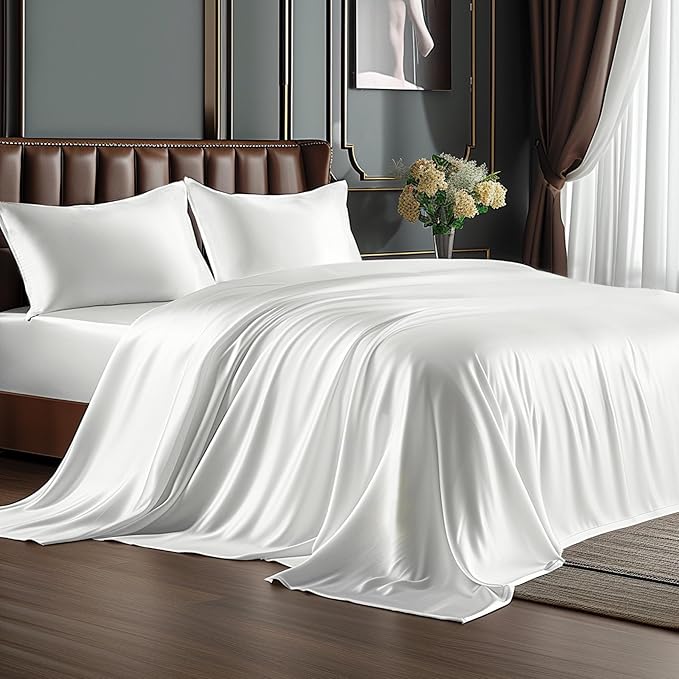 BEDELITE Satin Sheets Queen Size Bed Set, Luxury Soft White Silky Sheets by BEDELITE