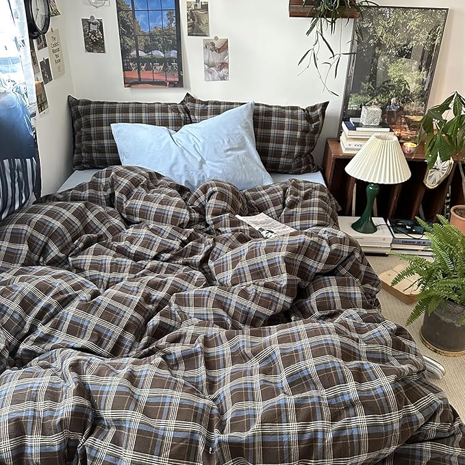 mixinni Vintage Brown & Blue Buffalo Plaid Duvet Cover Set Twin XL Size - Image 2