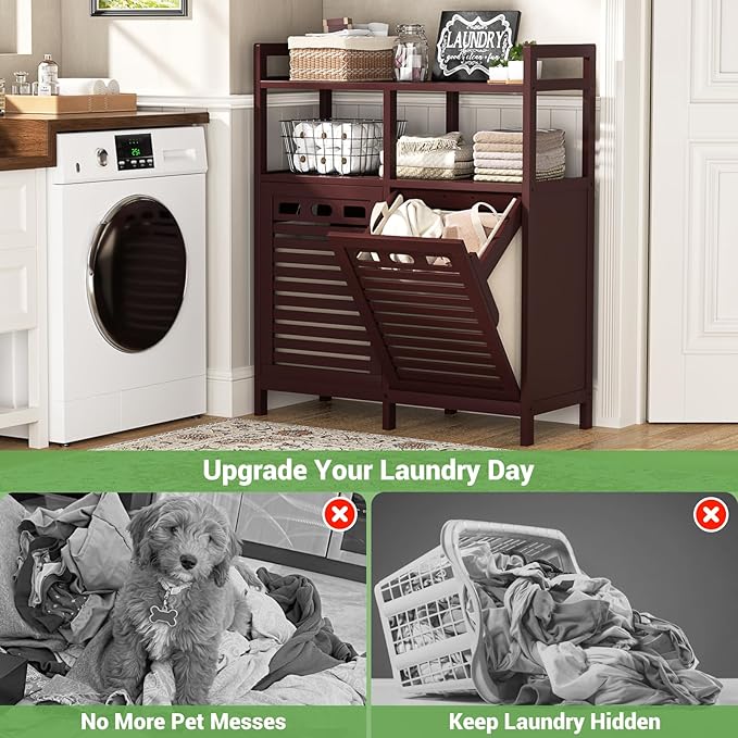 Homykic Tilt Out Laundry Hamper Cabinet, Bamboo Double Laundry Hamper - Image 5