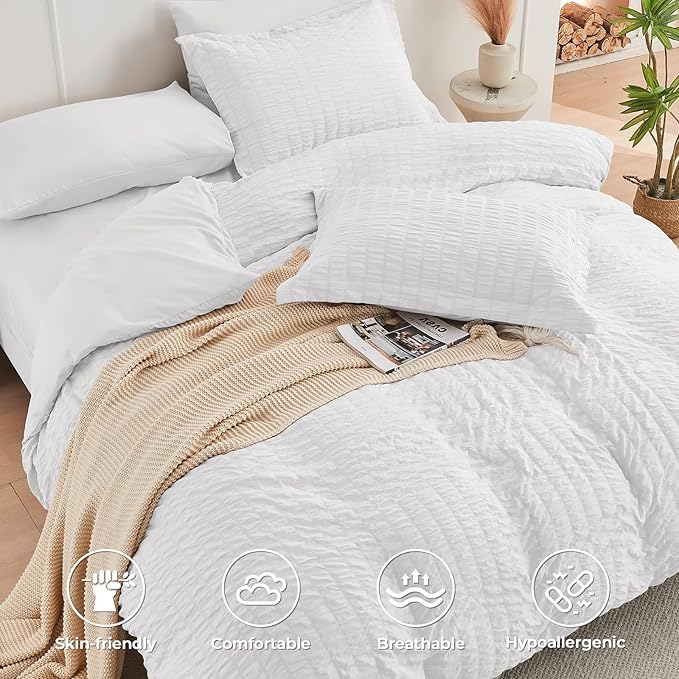 HYMOKEGE White Twin Size Duvet Cover, Ultra Soft 2-Piece Seersucker Duvet Cover - Image 2