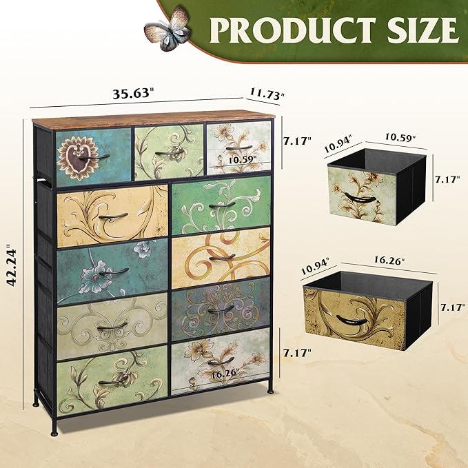 WLIVE Tall Dresser for Bedroom, Fabric Dresser Storage Tower, Chest of Drawers Organizer Unit with 11 Drawers, Storage Cabinet, Hallway, Closets, Steel Frame, Wood Top, Vintage,Floral Painted