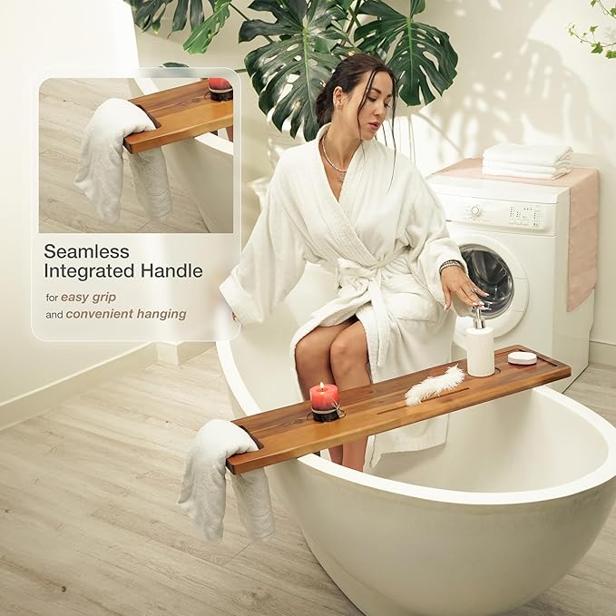 Tinamo Acacia Bathtub Caddy Tray Table | 39 x 9.75 x 2.5 Inch Large Bath Tub - Image 5