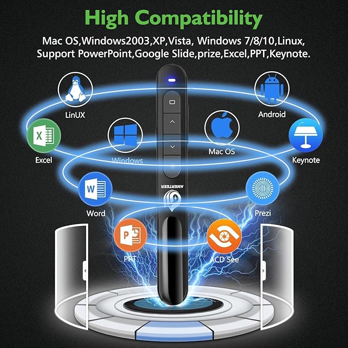AMERTEER Wireless Presentation clicker for Powerpoint Presentations, Green Light Rechargeable Powerpoint Clicker with Laser Pointer Support Hyperlink RF 2.4GHz (1 PCS)