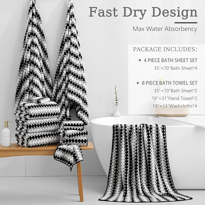 8 Piece Bathroom Towel Set Black White|2 Oversized Large Bath Towels Sheet - Image 3