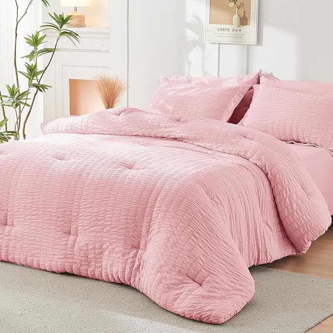 HYMOKEGE Pink King Size Comforter Set Seersucker 7 Pieces, All Season Luxury - Image 8