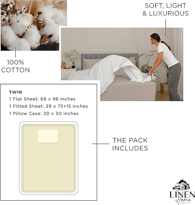 Linen Home 100% Cotton Percale Sheets Twin Size, Deep Pocket, 3 Pieces Set - Image 6