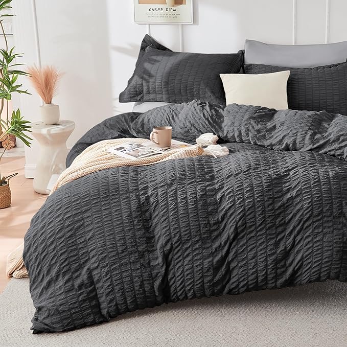 HYMOKEGE Dark Grey/Light Grey California King Comforter Set Seersucker 7 Pieces - Image 2