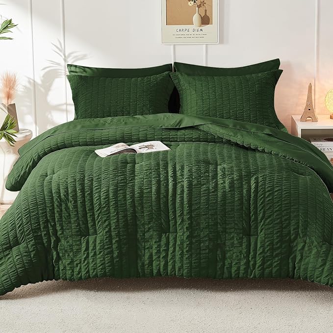 HYMOKEGE Dark Green King Size Comforter Set Seersucker 7 Pieces, All Season - Image 8