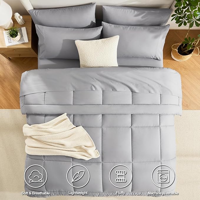 CozyLux King Size Comforter Set Grey, 7 Pieces Bed in a Bag, All Season Bedding - Image 2