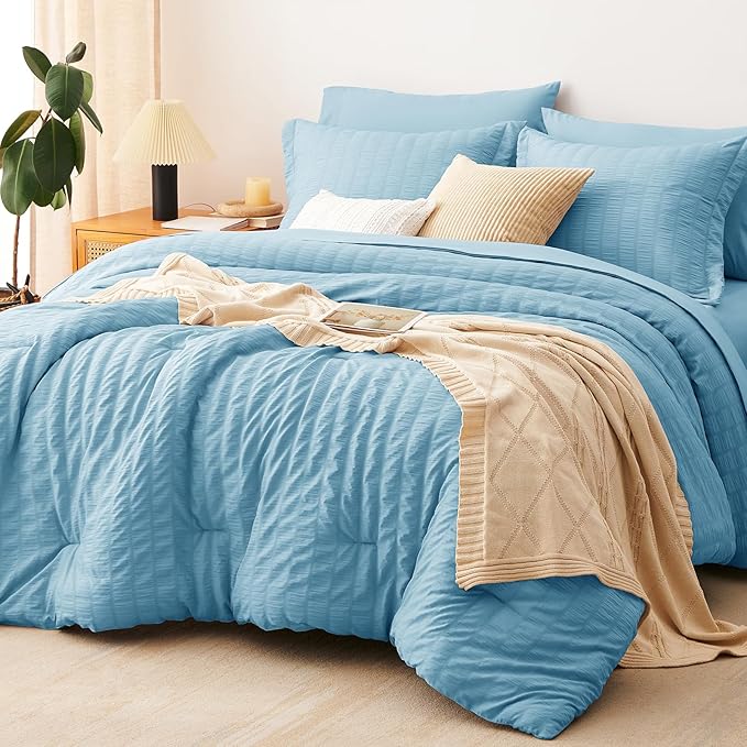 CozyLux Queen Comforter Set Sky Blue Seersucker 7 Pieces Bed in a Bag Queen by CozyLux