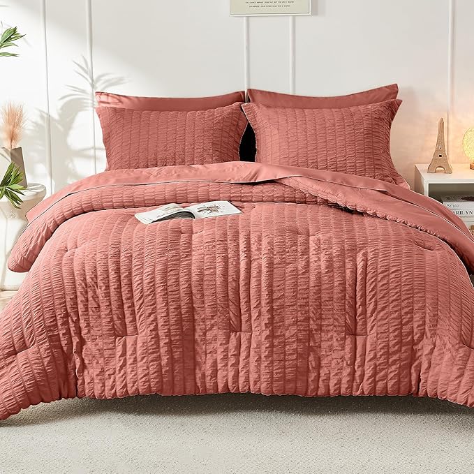 HYMOKEGE Coral Twin XL Comforter Set Seersucker 5 Pieces, All Season Luxury Bed - Image 9