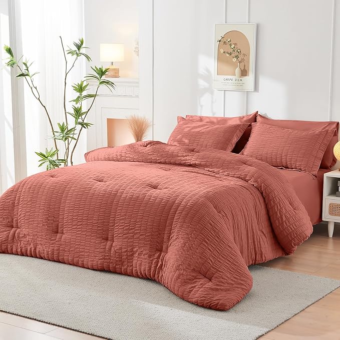 HYMOKEGE Coral California King Comforter Set Seersucker 7 Pieces, All Season - Image 8
