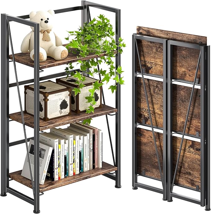 4NM No Assembly Folding Bookshelf Storage Shelves 3 Tiers Vintage Bookcase Standing Racks Study Organizer Home Office (Rustic Brown Black)