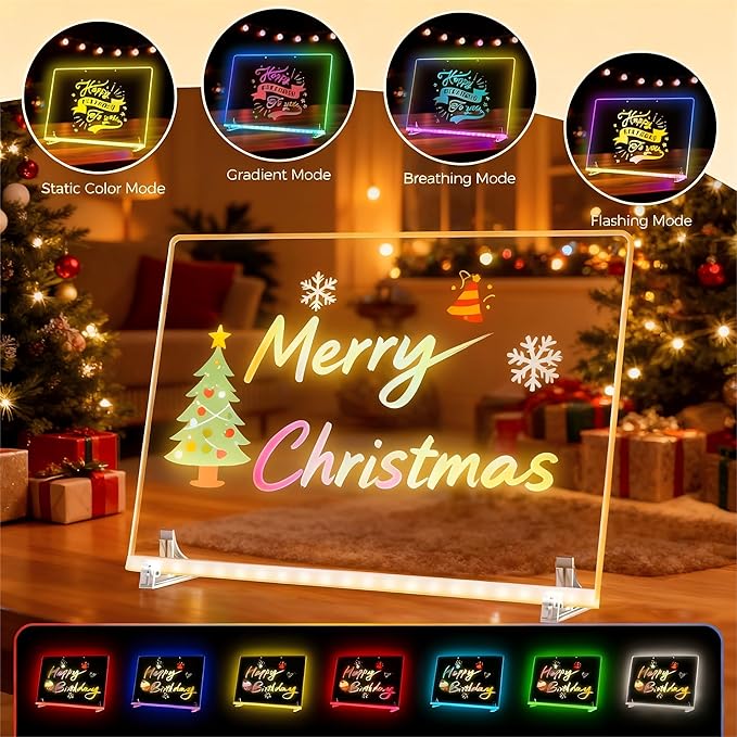 LED Note Board 13.7"x10" - Light Up Acrylic Dry Erase Board with 7 Colors & 4 Modes, Includes Adapter, Hanging Chain, Stand & Markers, Drawing Board for Home & Classroom, Creative Gift for Teens