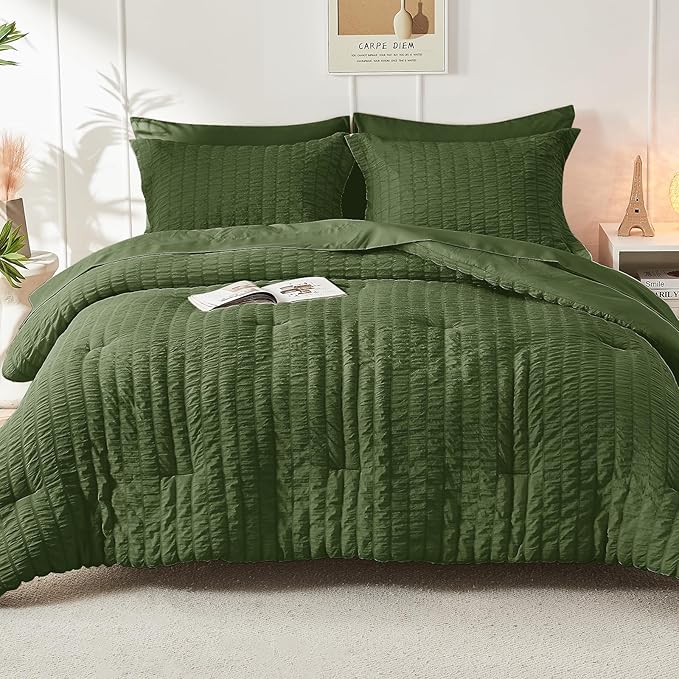 HYMOKEGE Olive Green Twin XL Comforter Set Seersucker 5 Pieces, All Season - Image 9