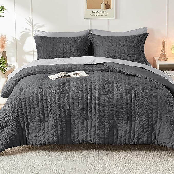 HYMOKEGE Dark Grey/Light Grey Queen Comforter Set Seersucker 7 Pieces, All - Image 7