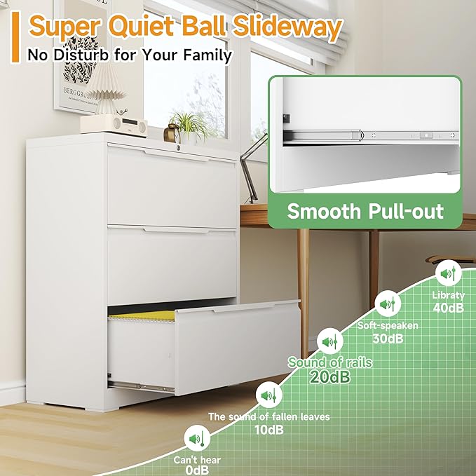 LONGLINK 3 Drawer Lateral File Cabinets with Lock,Metal Filing Cabinet for Home Office,Wide Office Storage Cabinet with Hanging Bars for A4 Legal/Letter Size(White-Easy Assembly)