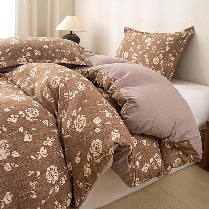 OAITE Brown Flower Queen Size Duvet Cover-3 Pieces Prewashed Cotton-Like - Image 3