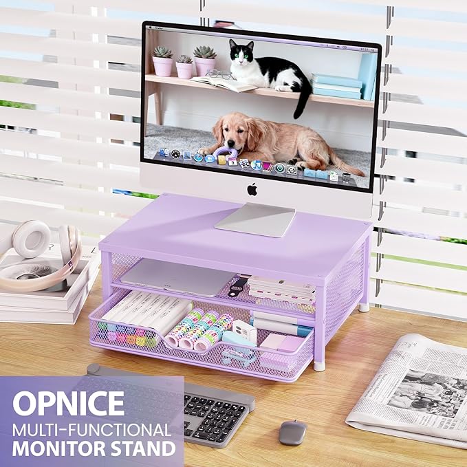 OPNICE Computer Monitor Stand Riser, Desk Organizer with Drawer, Laptop Stand, Office Desk Accessories & Workspace Desktop Organizers Storage for Office Supplies(Purple)