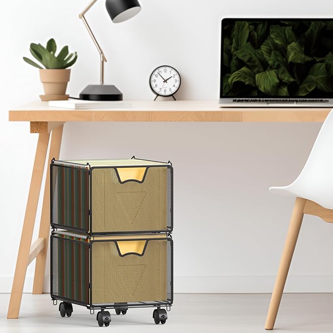 SIMPLE HOUSEWARE Stackable Mesh Hanging File Folder Organizer with Wheels, Black