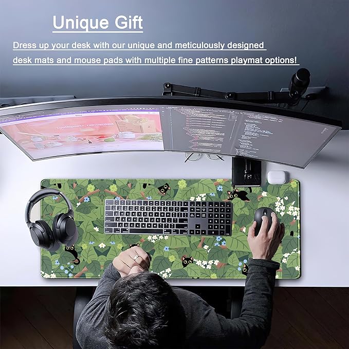 Green Mousepad Desk Mat Cute Anime Black Cat Kawaii Mouse Pad Gaming XL Large Extended Sage Leaves Desk Matt for Desktop, Computer Keyboard Mouse Mat for Women Office Decor Accessories 31.5x11.8 in