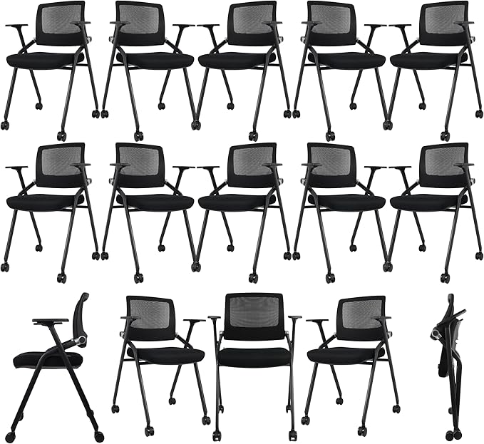 20 Pack Foldable Office Chairs with Wheels, Mesh Back, Arms and Portable - Folding Office Chairs Stackable for Conference Room Chair, Office Guest & Reception & Meeting Chair - (Black) 300 lbs.